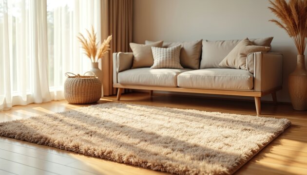 Fluffy light brown rug with soft texture on wooden floor. Modern living room interior features sofa, natural wood accents, bright window light. Cozy, comfortable home decor, perfect for play area