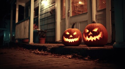 Fototapeta premium Two luminous carved pumpkins glow on dark house porch steps during Halloween evening.