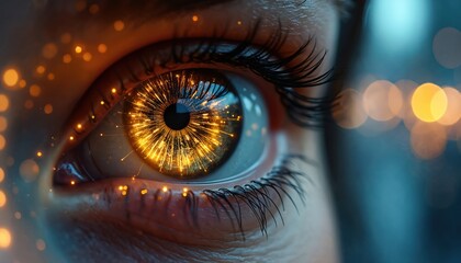 Close-up illustration of human eye with glowing golden iris, representing vision and security. Abstract bokeh lights in background. Focus on watchful, vigilant protection and digital surveillance.