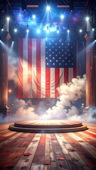 Empty stage, American flag backdrop, spotlights, smoky ambiance