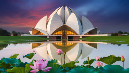 Lotus Temple at Twilight: Captivating view of the Lotus Temple at dusk, showcasing the architectural marvel mirroring gracefully in the serene water, under a sky painted with vibrant hues.