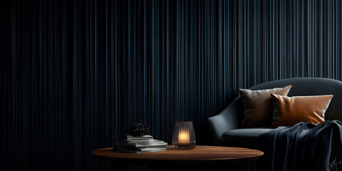 Atmospheric dark interior featuring a cozy chair, books, and ambient lighting against a textured wall.