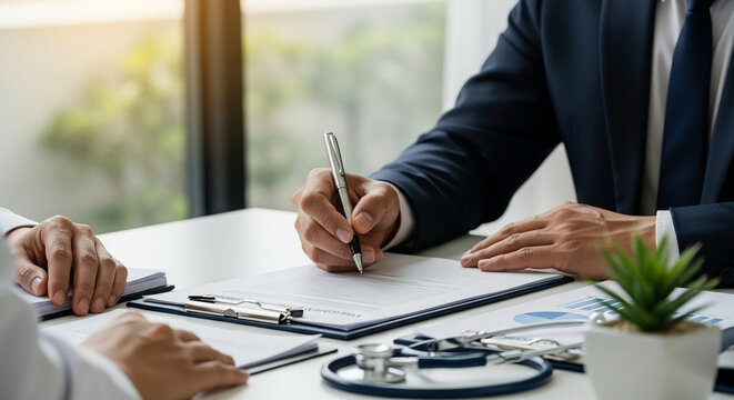 Professional businessman in a suit signing a health insurance policy or medical agreement during a consultation with a doctor in a modern clinic