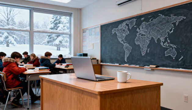Snowy Classroom with Students Studying and World Map on Chalkboard