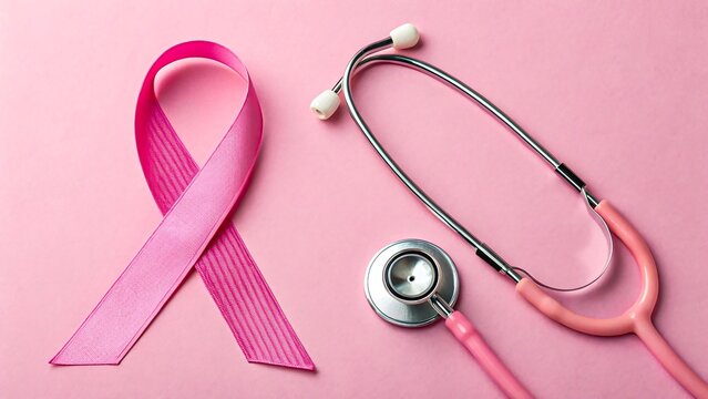 Pink breast cancer awareness ribbon with stethoscope on pink background symbolizing health, support, prevention, hope and medical care - Powered by Adobe
