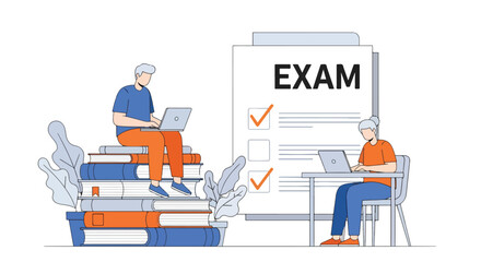 Flat illustration of students preparing for exam with laptops, sitting on books and at desk with checklist, representing online learning, study preparation, and digital education
