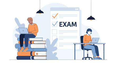 Flat illustration of students preparing for exam with laptops, sitting on books and at desk with checklist, representing online learning, study preparation, and digital education