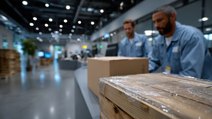 Two workers efficiently packing a box in a contemporary warehouse environment, symbolizing dedication and teamwork in the logistics and supply chain sector.