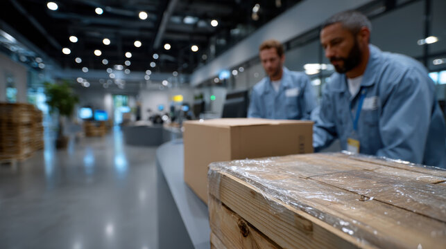 Two workers efficiently packing a box in a contemporary warehouse environment, symbolizing dedication and teamwork in the logistics and supply chain sector.