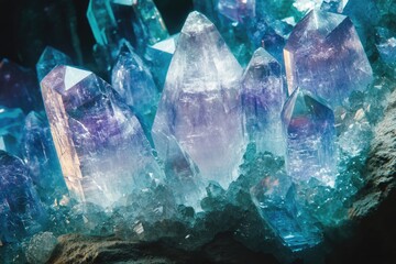 Obraz premium A cluster of vibrant blue and purple crystals, sharply defined points and facets, glowing from within.