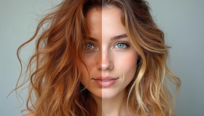 Naklejka premium Split image of woman, one side with wavy red hair, other with blonde highlights. Features contrasting hair textures, styles, and colors. Focus on beauty, hair care, moisture, and fashion treatments.