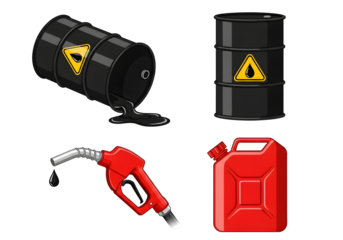 Industrial fuel icons including gasoline nozzle barrels and jerrycan isolated on black isolated on transparent background