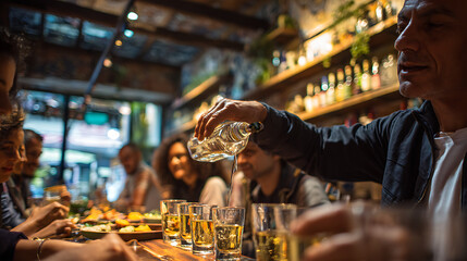  A man pouring tequila for a group of friends at a Mexican tapas restaurant (2)