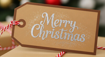 Rustic kraft paper gift tag with glittering merry christmas message and red twine