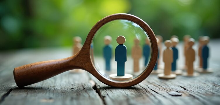Magnifying glass examines group of people figurines, focusing on one blue figure. Represents customer analysis, recruitment, targeted marketing strategies. Detailed observation of individuals within