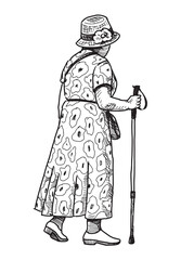 Elderly elegant woman in hat with cane and handbag walking outdoors alone, side view, vector realistic outline hand drawing