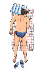 One young man in beach holiday, summer vacation, lying on seashore, tanned, relaxing, realistic outline hand drawings, vector illustration