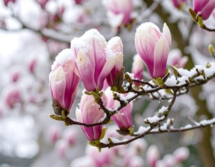 Pink magnolia blossoms covered in snow