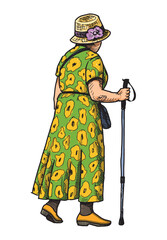 Elderly elegant woman in hat, green dress with cane and handbag walking outdoors alone, side view, vector realistic hand drawing