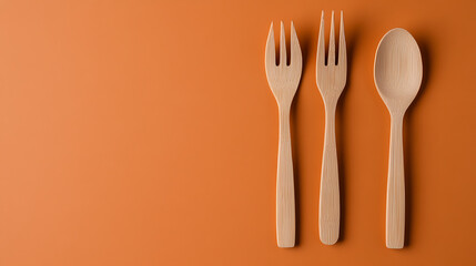 Minimalist wooden utensils: two forks and a spoon arranged on a vibrant orange surface, perfect for sustainable kitchenware promotion.