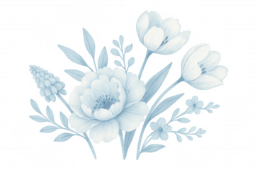 Light blue flowers and leaves bouquet painted in watercolor on a transparent background