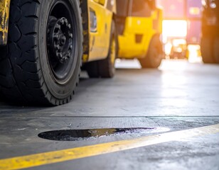Industrial forklift parked, oil spill