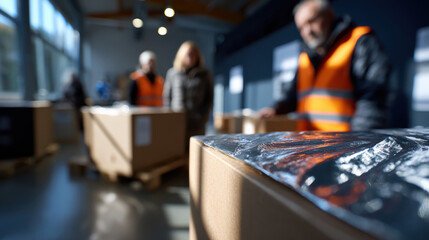 A blurred image of individuals handling packed boxes in a modern warehouse, showcasing the organized chaos and professional diligence of logistics operations.
