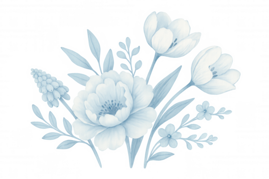 Light blue flowers and leaves bouquet painted in watercolor on a transparent background
