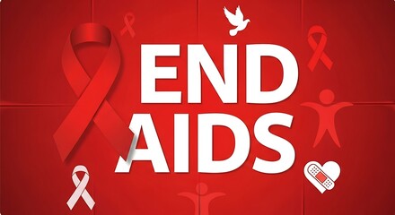 End aids message with red ribbons and symbols of hope, promoting awareness and support for hivaids prevention and treatment efforts