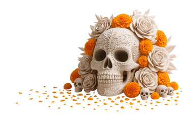 A vibrant Neon sugar skull adorned with colorful floral patterns, representing the spirit of Día de los Muertos, celebrating life, death, and Mexican tradition, transparent background. generative ai