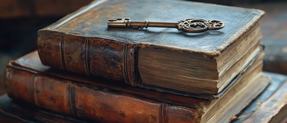 Antique leather bound books closeup