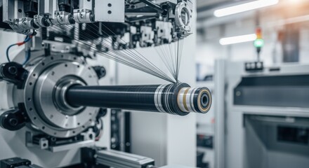 Fototapeta premium Filament winding machine assembling multilayered composite liners designed to withstand thermal stresses in cryogenic hydrogen fuel containment systems.