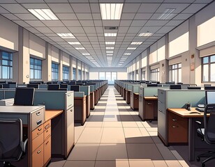 Empty office space, sunlight streams through windows