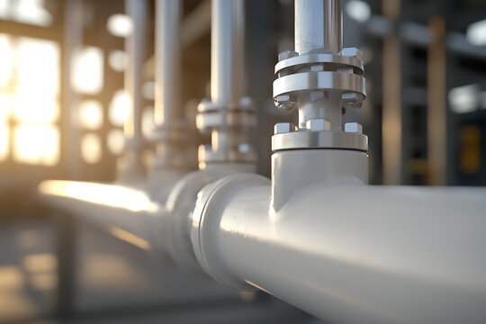 Industrial Piping: A close-up of parallel white pipes with bolted flanges, bathed in soft light, showcasing industrial infrastructure.