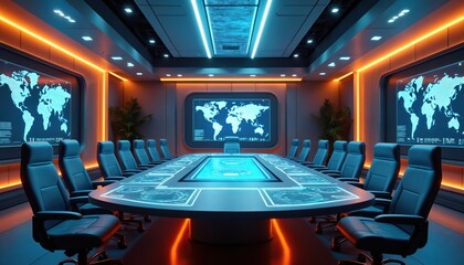 Futuristic conference room glows with neon orange, blue lights. Sleek table with interactive digital displays sits in center. Large screens show world maps. Advanced technology creates modern