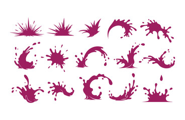 Magenta Liquid Splashes and Bursts Silhouettes on White Background water paint