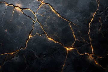 Dark, cracked stone surface with glowing golden veins; dramatic texture.