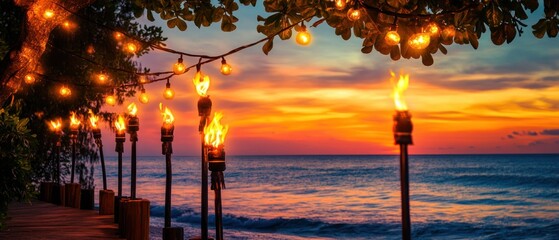 Sunset beach torches warm ambiance