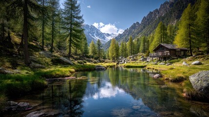 Mountain lake chalet scenery