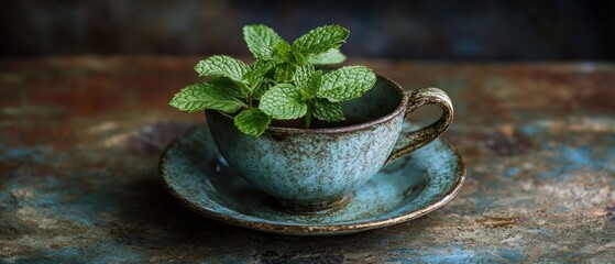 Fresh mint leaves in rustic teal cup closeup still life photography