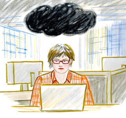 Children’s Crayon Drawing of a Sad Woman with a Dark Cloud over Her Head in an Office