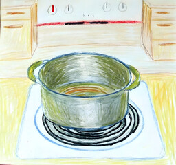 Children’s Crayon Drawing of an Empty Pot on the Stove