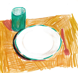 Children’s Crayon Drawing of an Empty Plate on the Table