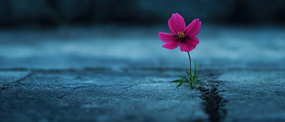 Pink flower growing through crack in pavement