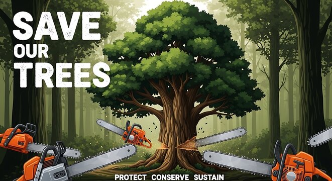 Save our trees message with chainsaws around a large tree in a forest, symbolizing deforestation and environmental protection