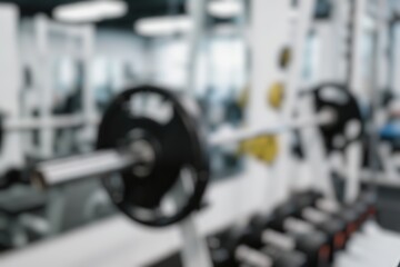 Fototapeta premium Blurred background of metal weight plates attached to a barbell on the floor inside a fitness center. Weight lifting machine for building muscle.