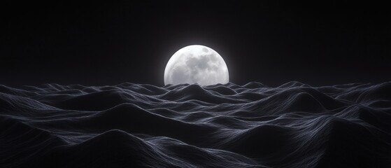 Full moon over dark textured landscape monochromatic night scene