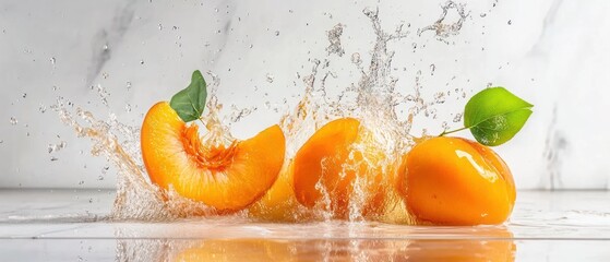 Juicy apricots splashing in water vibrant summer fruit photography