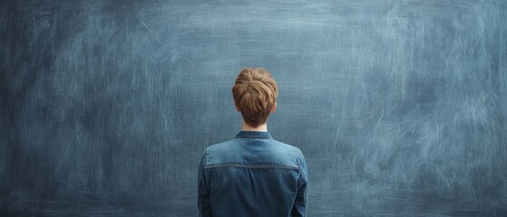 Person standing before a large chalkboard back view denim shirt simple composition indoor studio shot