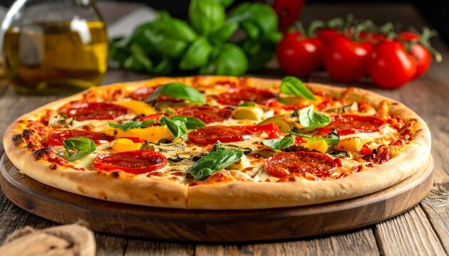 Delicious pizza with assorted toppings on a wooden board